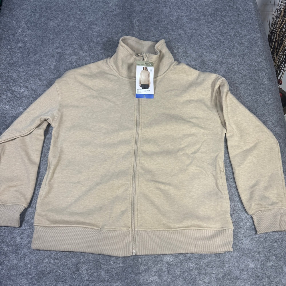 Mondetta Womens Heathered Full Zip Fleece Jacket Mock Neck Beige Large 1797068